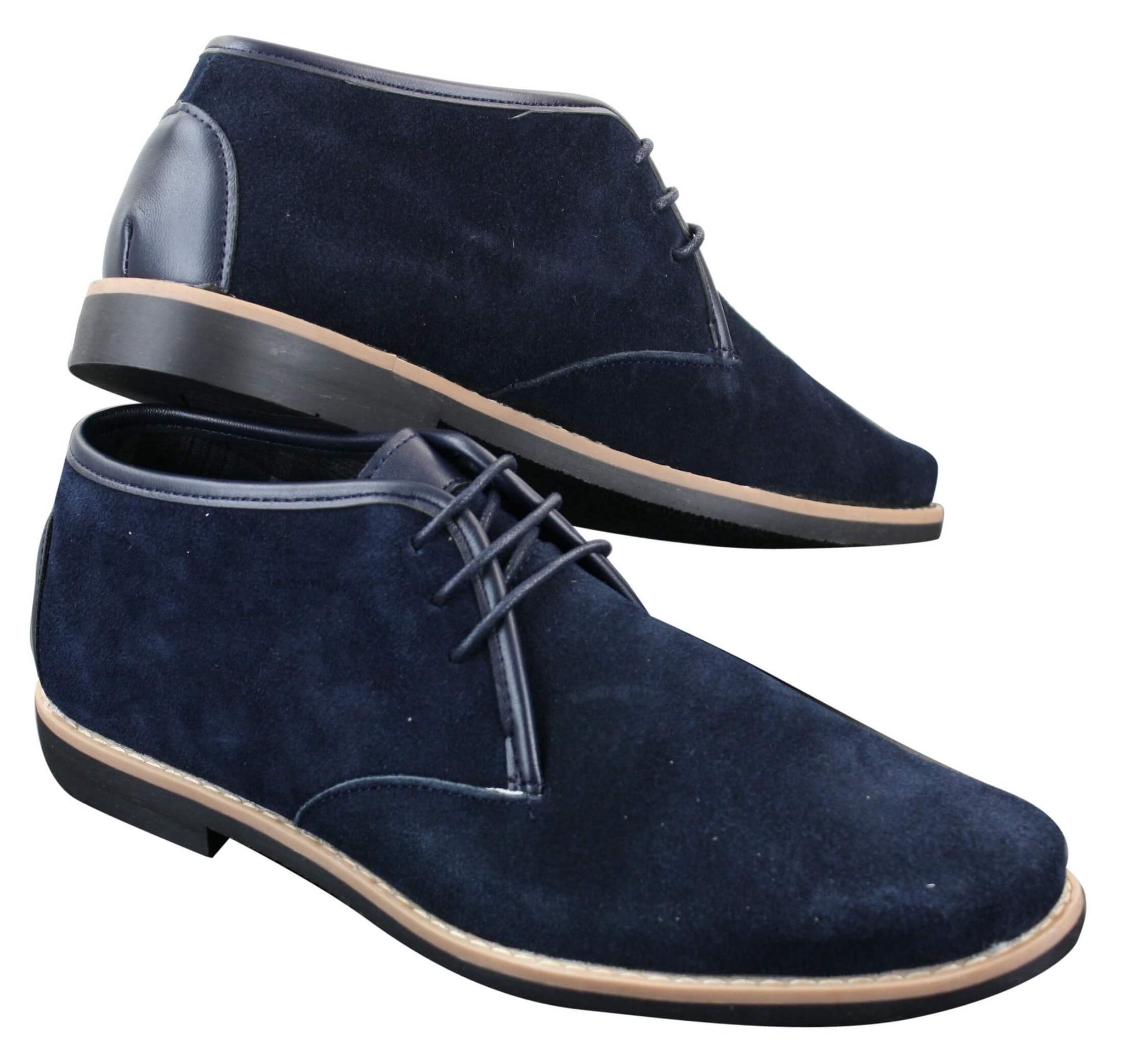 Botas Chelsea bajas de ante para hombre Elong K16, zapatos Chukka con cordones, interior de cuero azul marino.