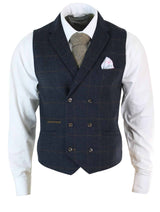 Chaleco cruzado de tweed con estampado de espiga estilo Peaky Blinders para hombre, color azul marino.