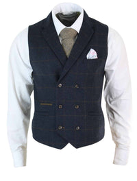 Chaleco cruzado de tweed con estampado de espiga estilo Peaky Blinders para hombre, color azul marino.