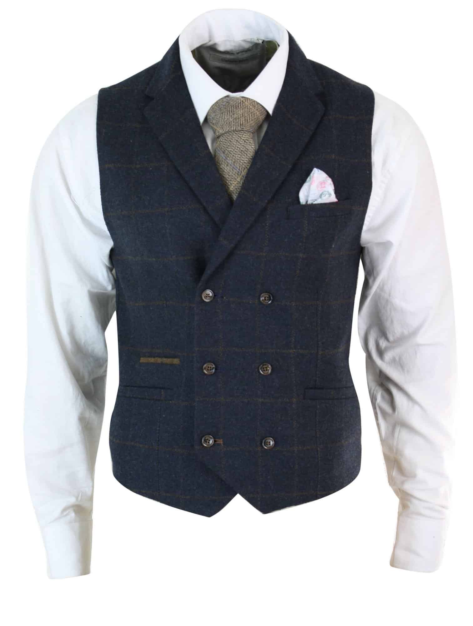 Chaleco cruzado de tweed con estampado de espiga estilo Peaky Blinders para hombre, color azul marino.