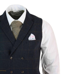 Chaleco cruzado de tweed con estampado de espiga estilo Peaky Blinders para hombre, color azul marino.