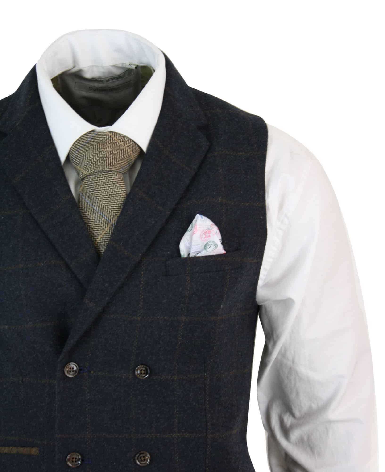 Chaleco cruzado de tweed con estampado de espiga estilo Peaky Blinders para hombre, color azul marino.