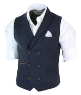 Chaleco cruzado de tweed con estampado de espiga estilo Peaky Blinders para hombre, color azul marino.