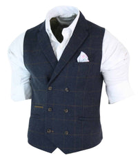 Chaleco cruzado de tweed con estampado de espiga estilo Peaky Blinders para hombre, color azul marino.