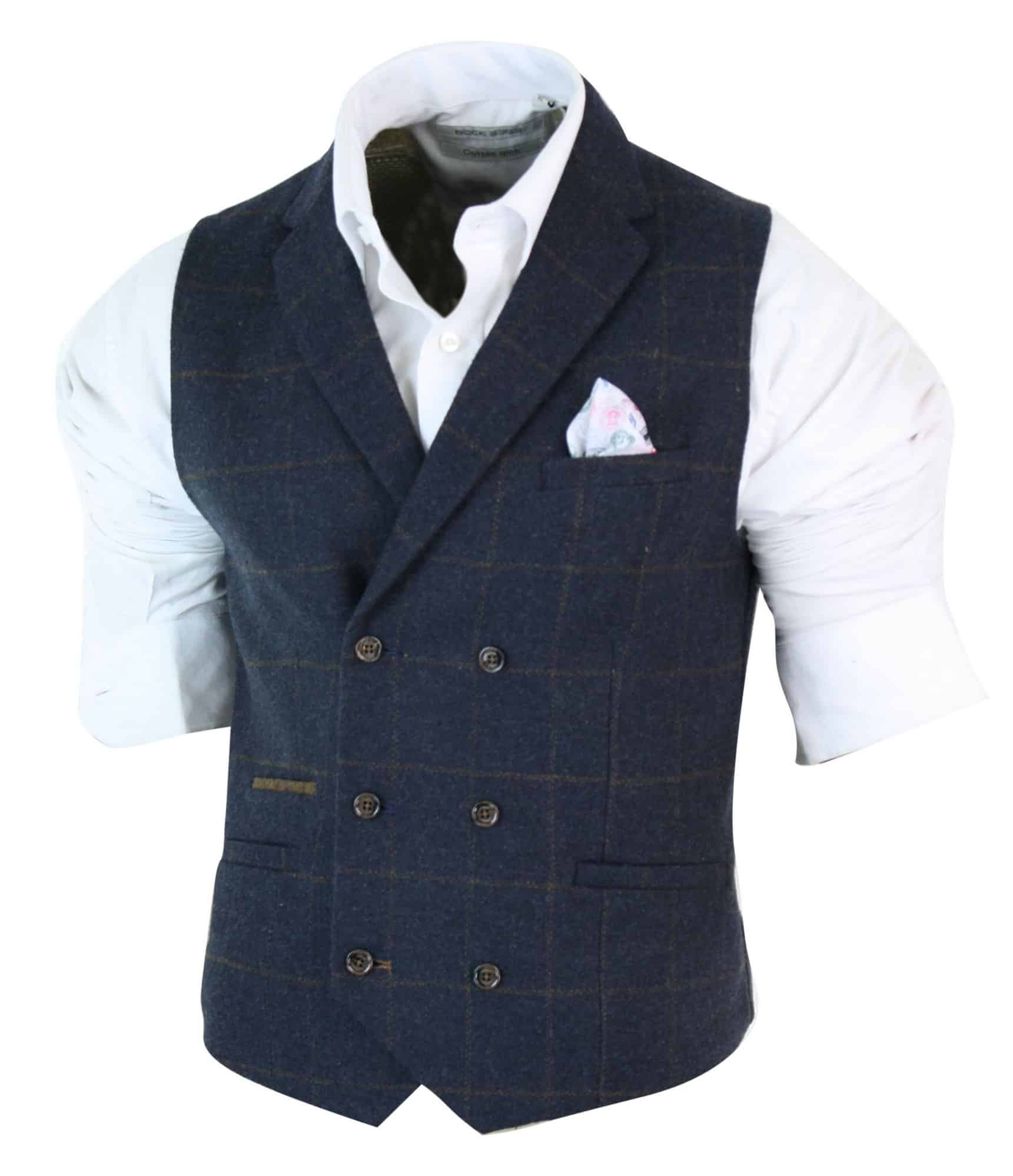 Chaleco cruzado de tweed con estampado de espiga estilo Peaky Blinders para hombre, color azul marino.