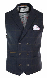 Chaleco cruzado de tweed con estampado de espiga estilo Peaky Blinders para hombre, color azul marino.