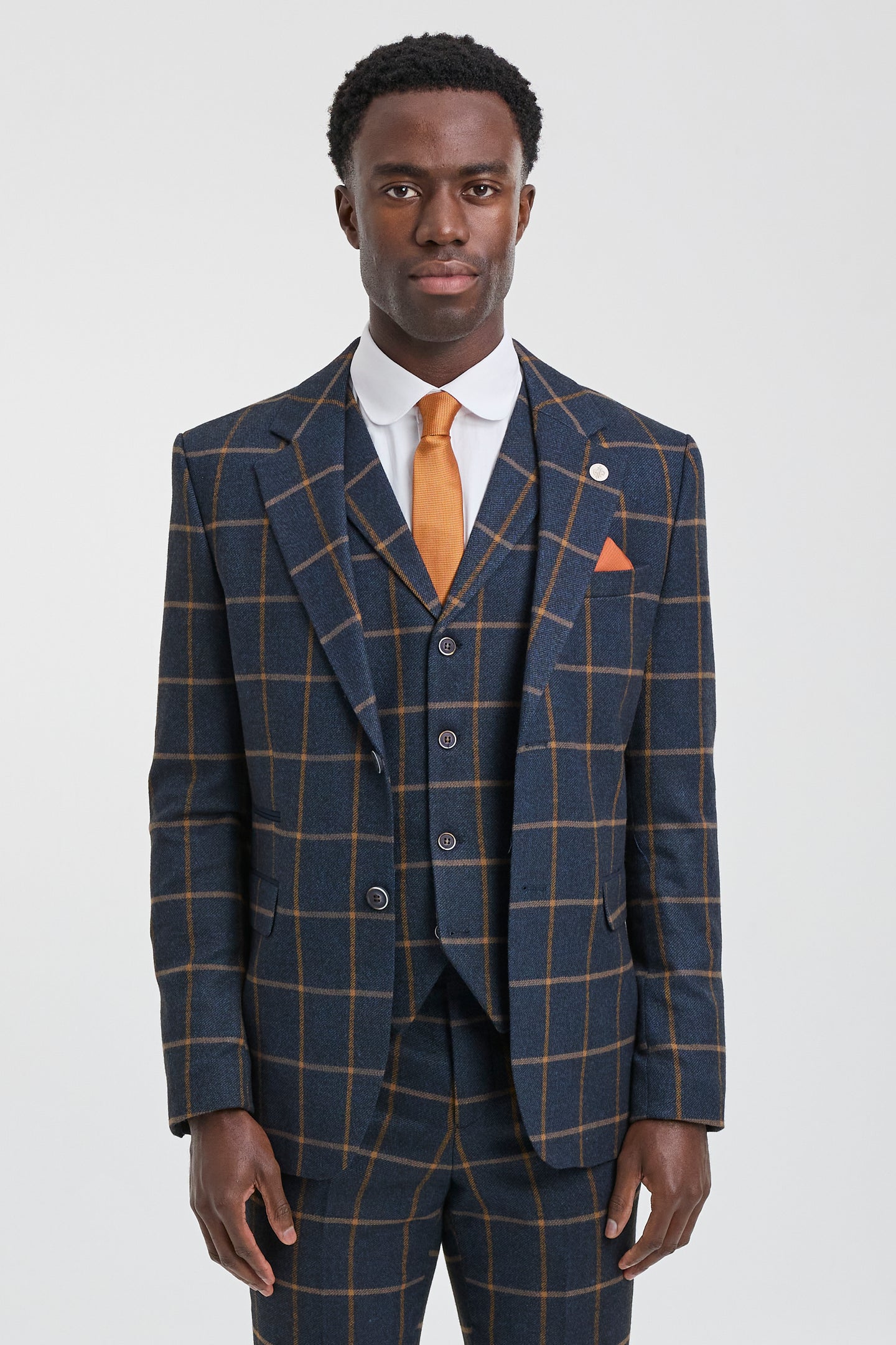 Traje de lana de 3 piezas para hombre con estampado de espiga estilo Peaky Blinders - Azul marino
