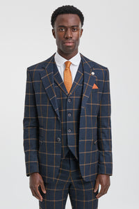Traje de lana de 3 piezas para hombre con estampado de espiga estilo Peaky Blinders - Azul marino