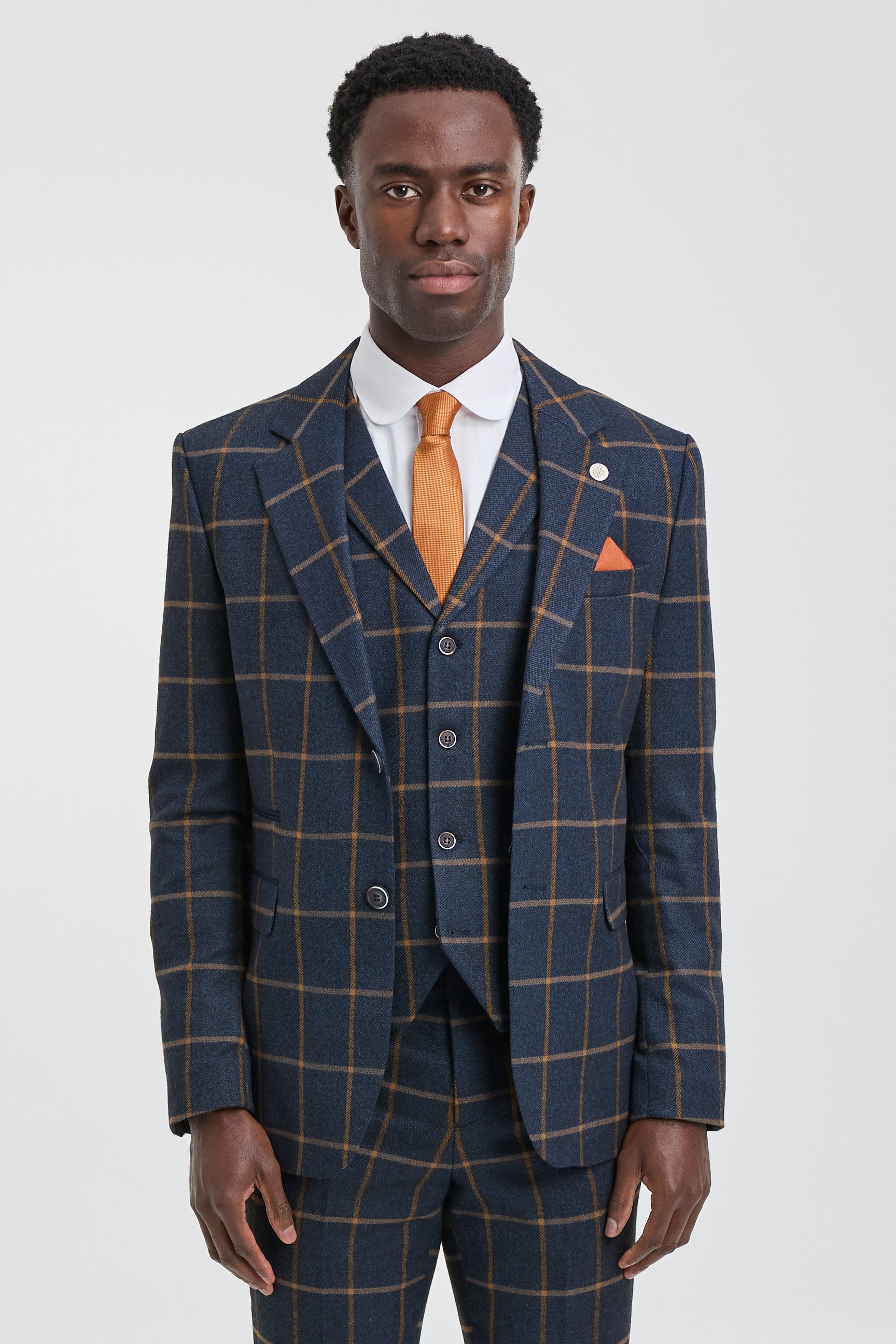 Traje de lana de 3 piezas para hombre con estampado de espiga estilo Peaky Blinders - Azul marino