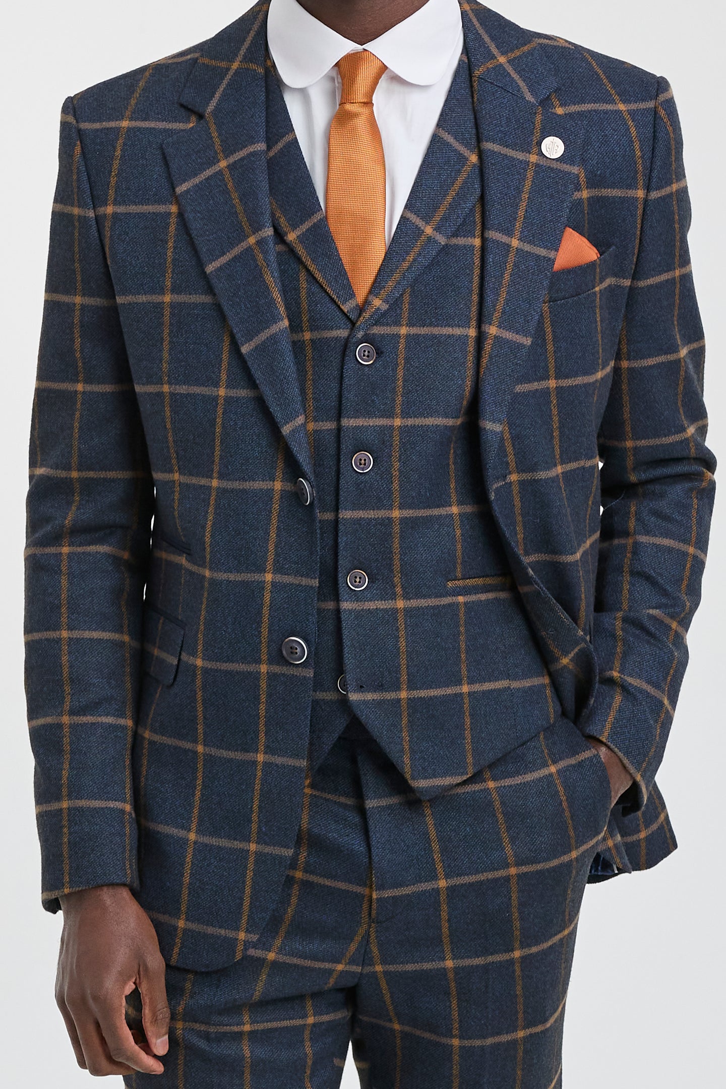 Traje de lana de 3 piezas para hombre con estampado de espiga estilo Peaky Blinders - Azul marino