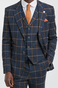 Traje de lana de 3 piezas para hombre con estampado de espiga estilo Peaky Blinders - Azul marino