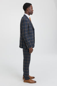 Traje de lana de 3 piezas para hombre con estampado de espiga estilo Peaky Blinders - Azul marino