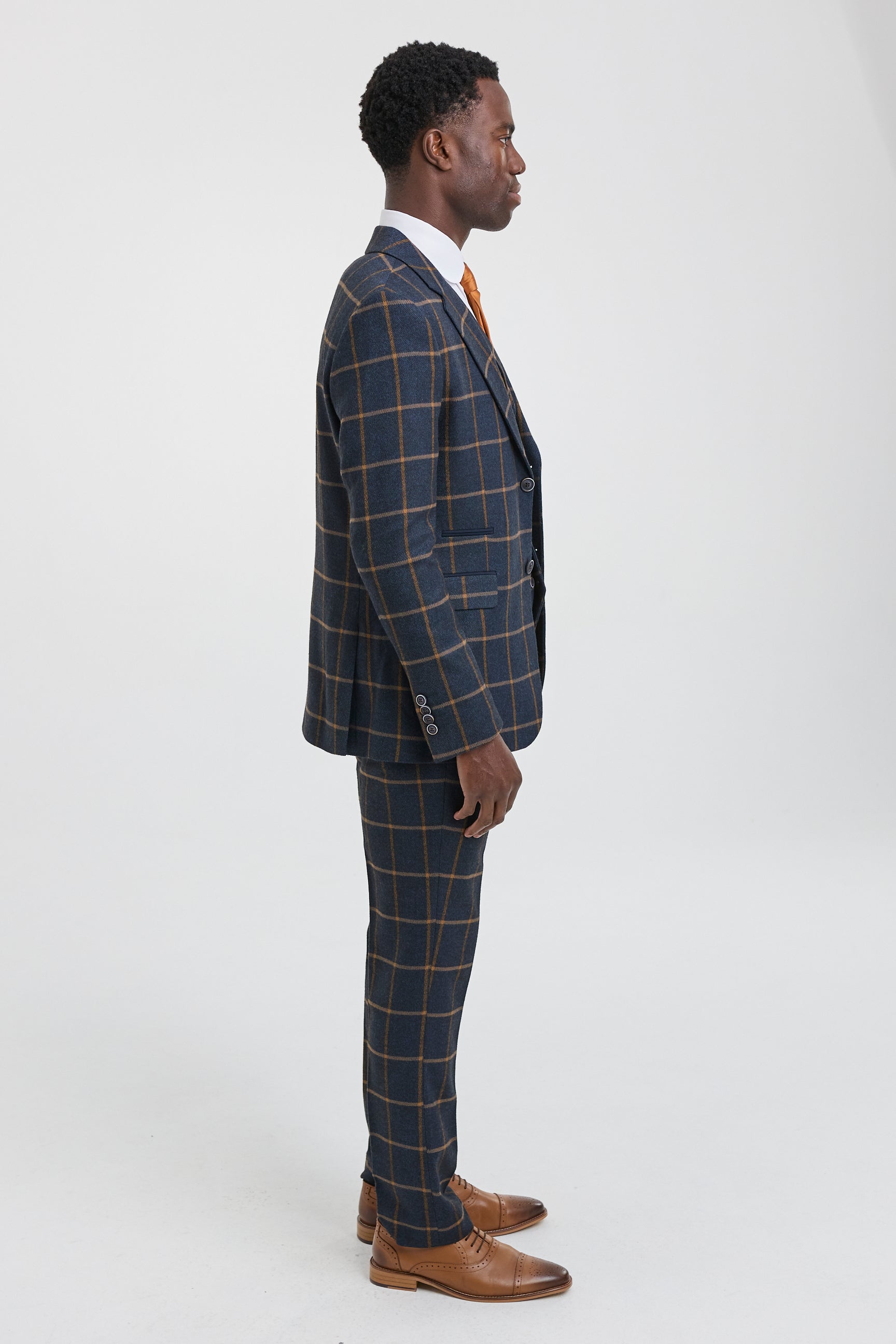 Traje de lana de 3 piezas para hombre con estampado de espiga estilo Peaky Blinders - Azul marino