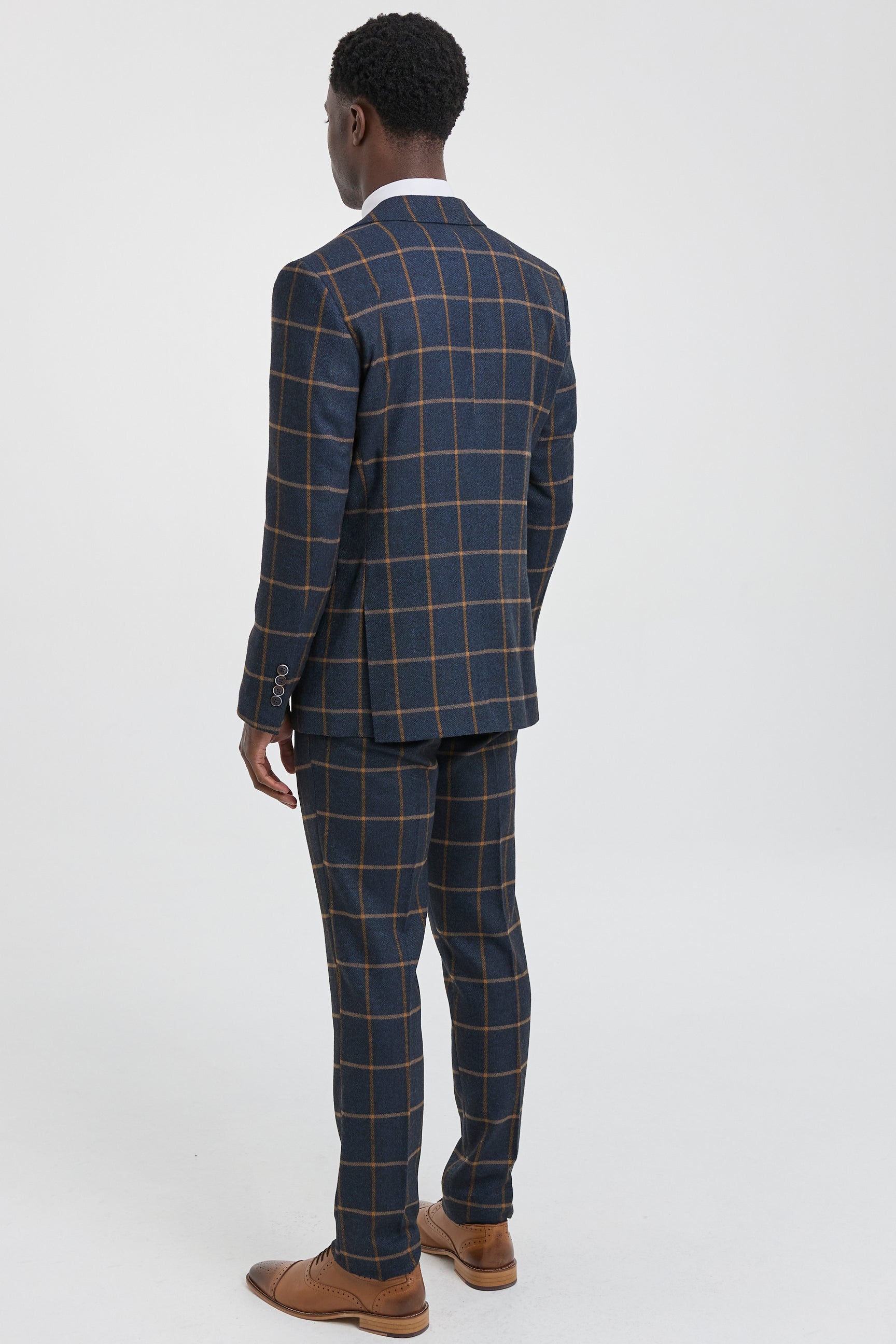 Traje de lana de 3 piezas para hombre con estampado de espiga estilo Peaky Blinders - Azul marino