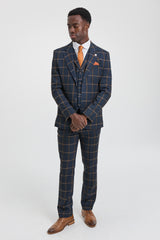 Traje de lana de 3 piezas para hombre con estampado de espiga estilo Peaky Blinders - Azul marino