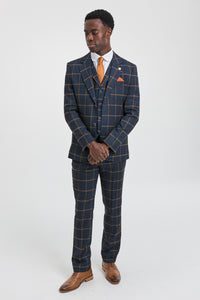 Traje de lana de 3 piezas para hombre con estampado de espiga estilo Peaky Blinders - Azul marino