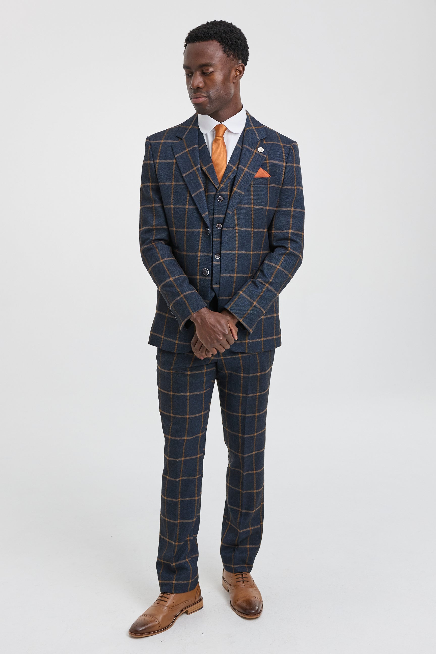 Traje de lana de 3 piezas para hombre con estampado de espiga estilo Peaky Blinders - Azul marino