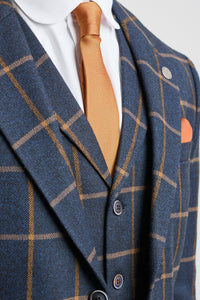 Traje de lana de 3 piezas para hombre con estampado de espiga estilo Peaky Blinders - Azul marino