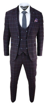Traje de tres piezas para hombre a cuadros color ciruela