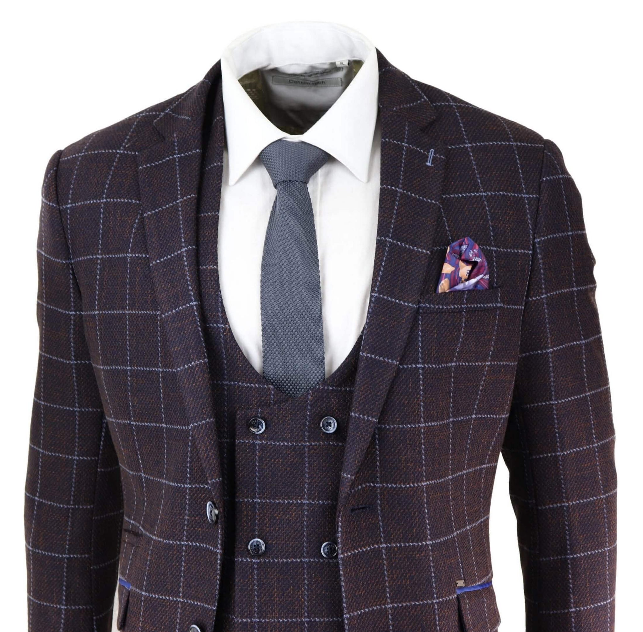 Traje de tres piezas para hombre a cuadros color ciruela