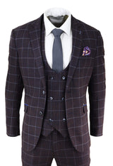 Traje de tres piezas para hombre a cuadros color ciruela
