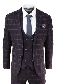 Traje de tres piezas para hombre a cuadros color ciruela