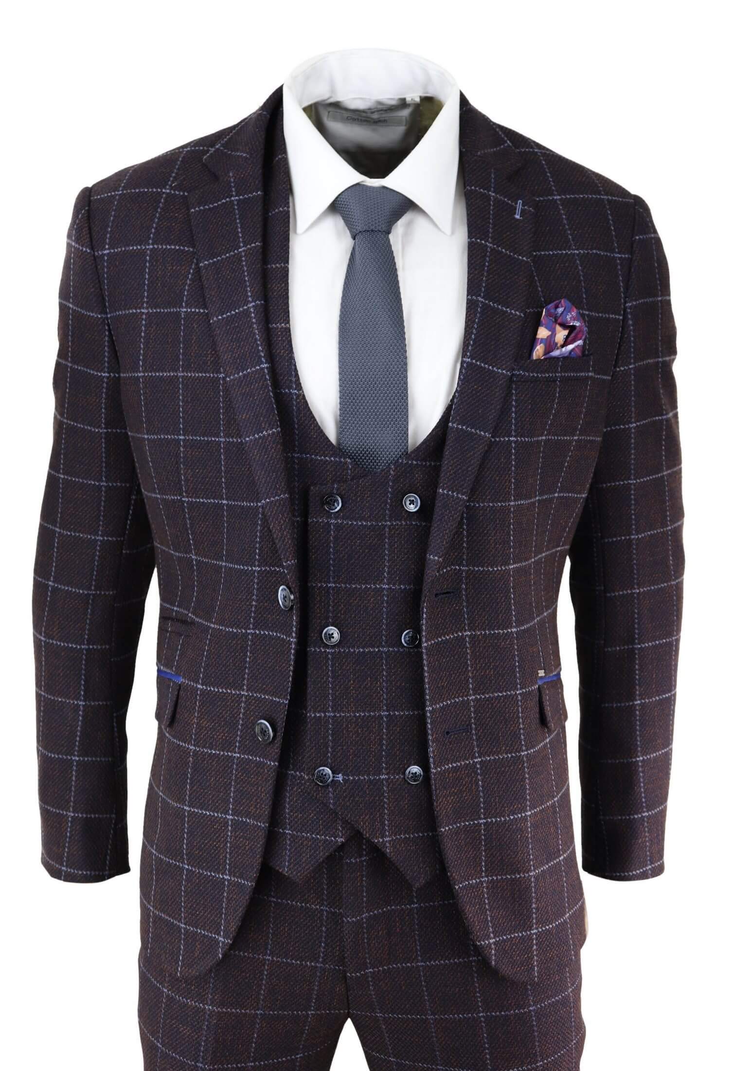 Traje de tres piezas para hombre a cuadros color ciruela
