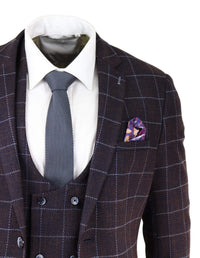 Traje de tres piezas para hombre a cuadros color ciruela