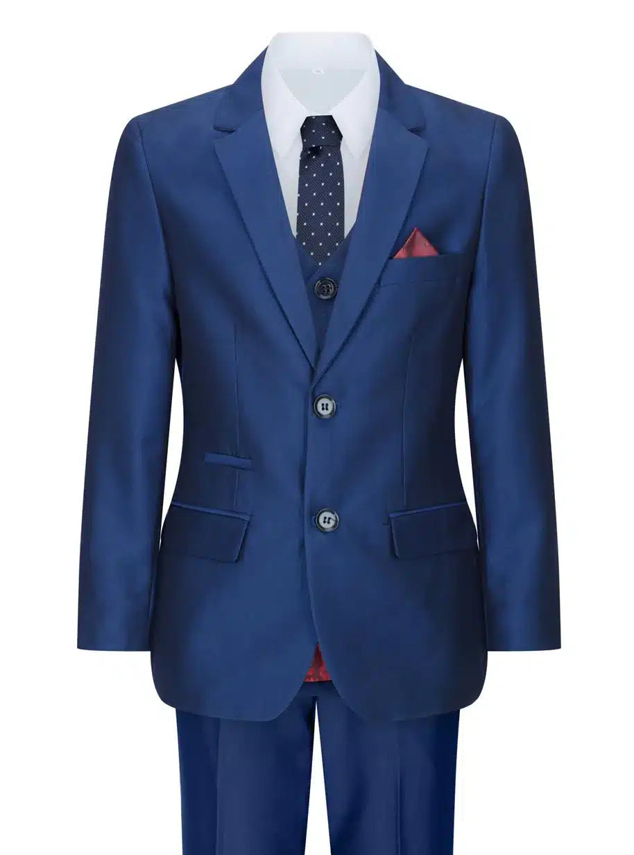 Traje de fiesta de boda de 3 piezas para niño, azul brillante, corte entallado, elegante y formal.