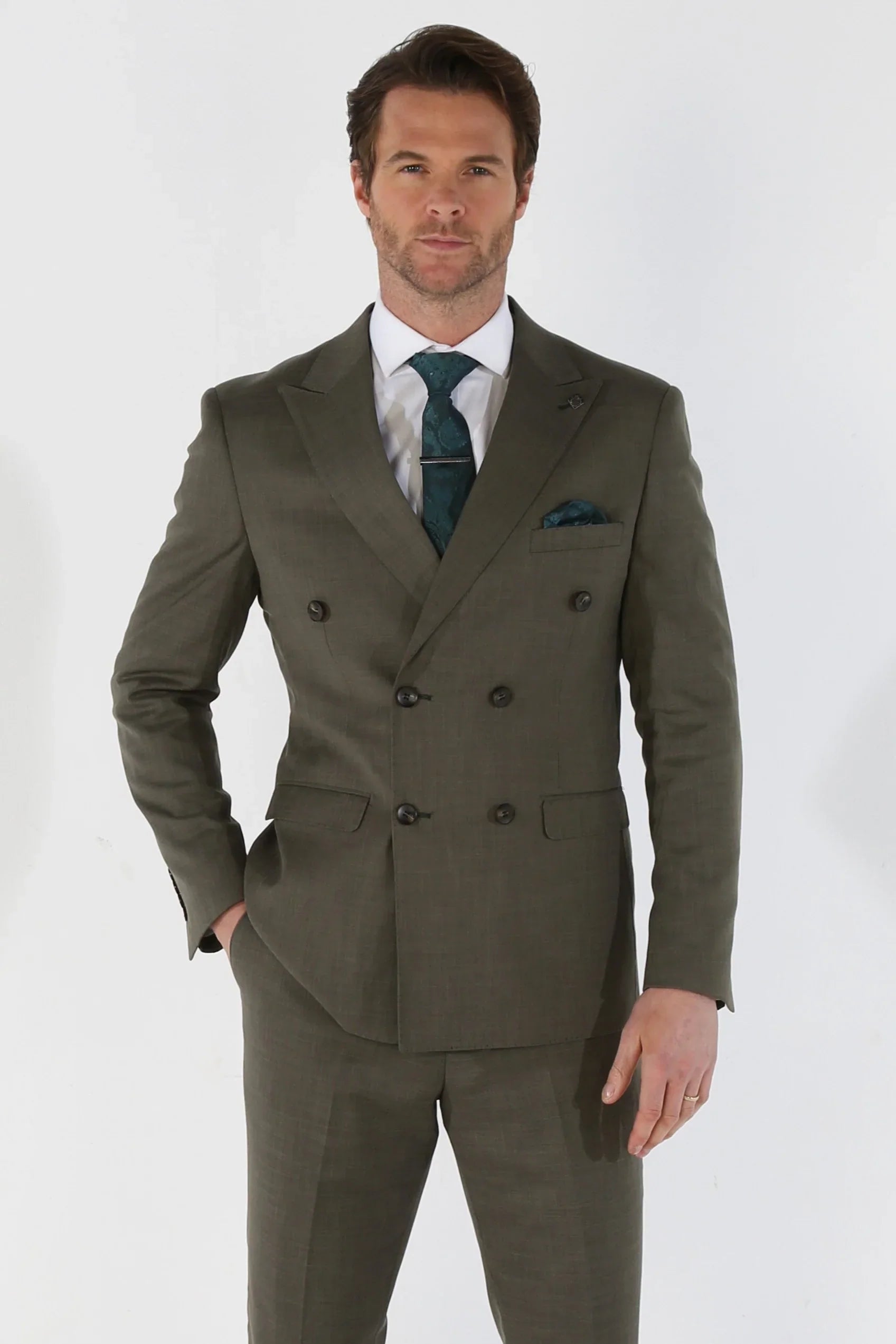 Kurt - Traje cruzado de dos piezas para hombre en color verde salvia