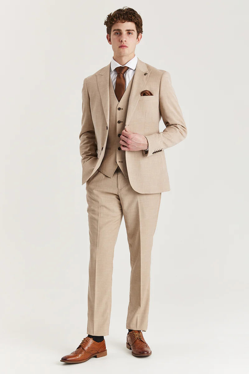 Traje de tres piezas de tweed a cuadros color beige para hombre