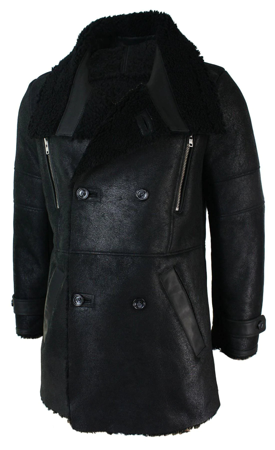 Chaqueta militar negra de piel de oveja auténtica de tres cuartos para hombre, estilo Batman Bane, cruzada.