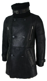 Chaqueta militar negra de piel de oveja auténtica de tres cuartos para hombre, estilo Batman Bane, cruzada.