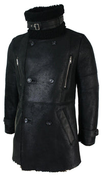 Chaqueta militar negra de piel de oveja auténtica de tres cuartos para hombre, estilo Batman Bane, cruzada.