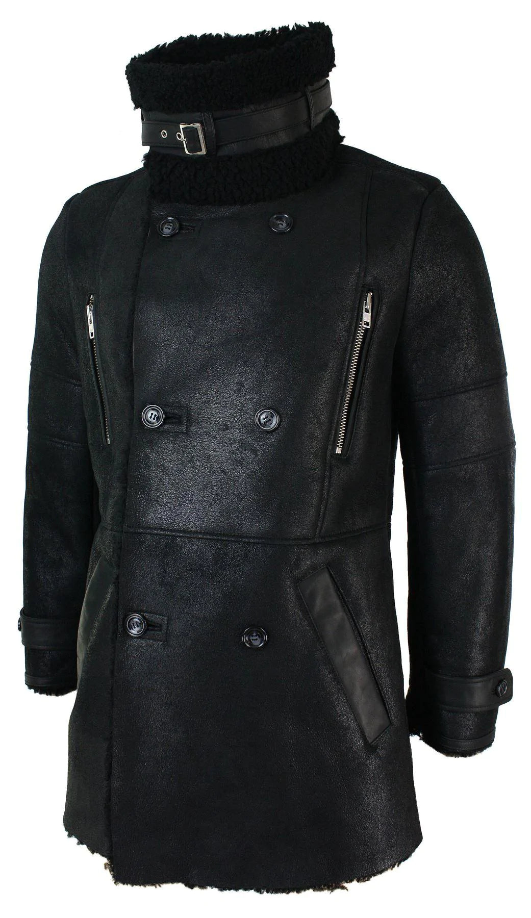 Chaqueta militar negra de piel de oveja auténtica de tres cuartos para hombre, estilo Batman Bane, cruzada.