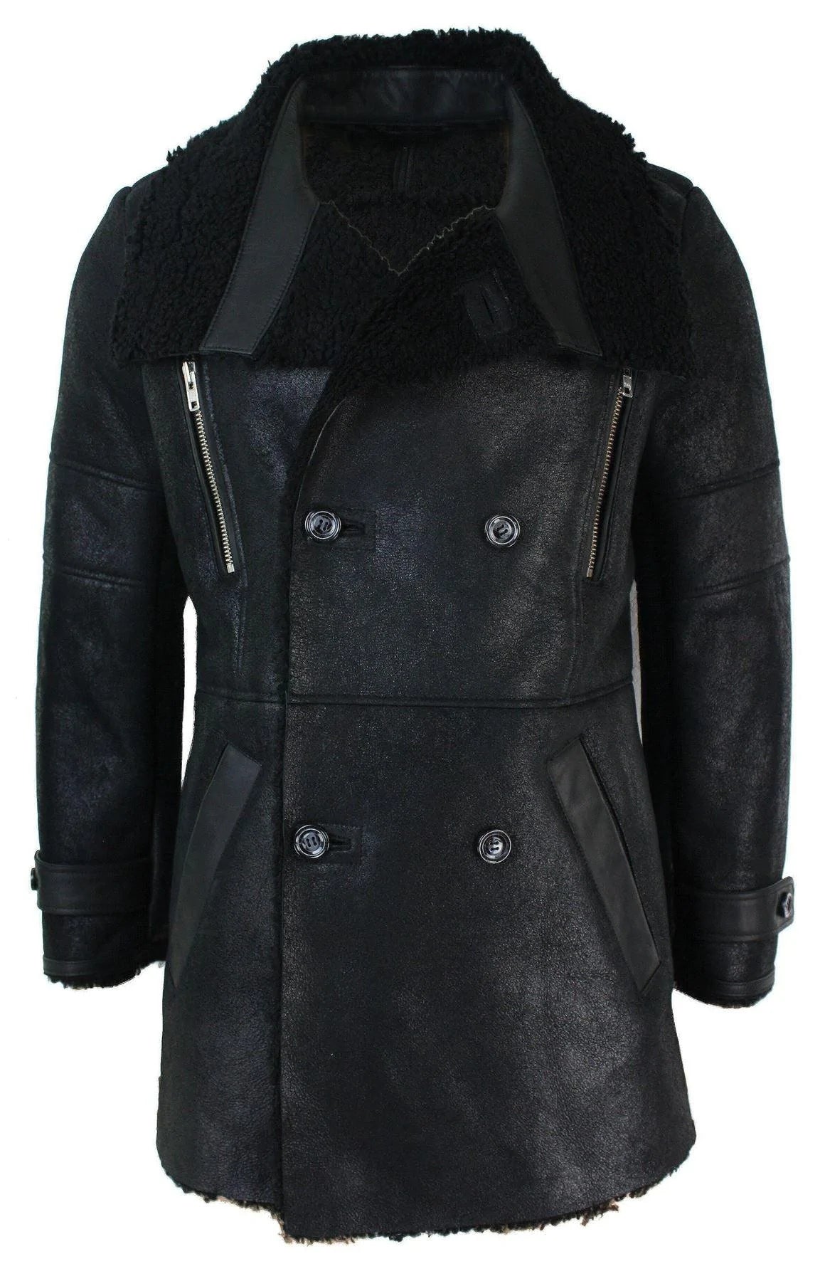 Chaqueta militar negra de piel de oveja auténtica de tres cuartos para hombre, estilo Batman Bane, cruzada.