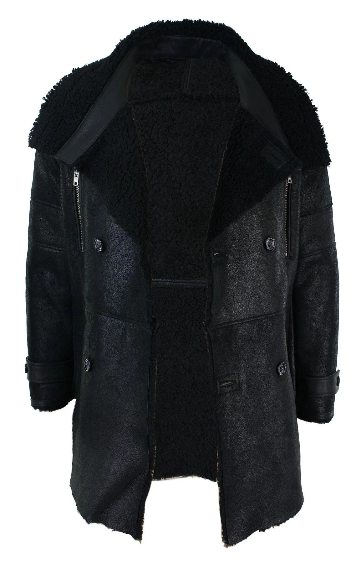 Chaqueta militar negra de piel de oveja auténtica de tres cuartos para hombre, estilo Batman Bane, cruzada.