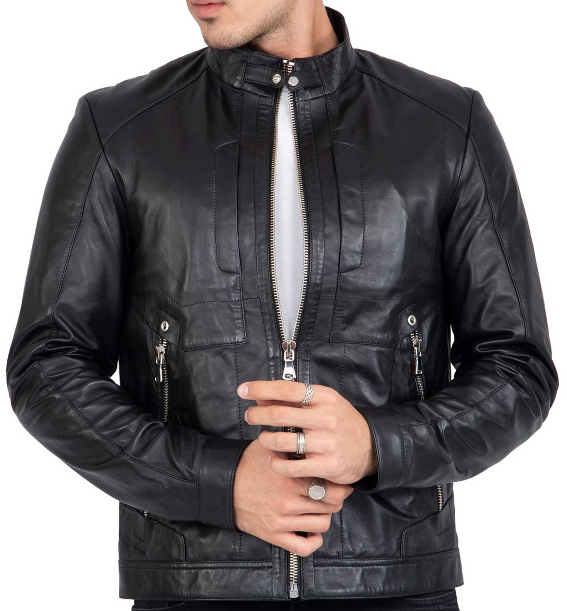 Chaqueta de motorista de piel de cordero para hombre con cuatro bolsillos, corte regular - B209