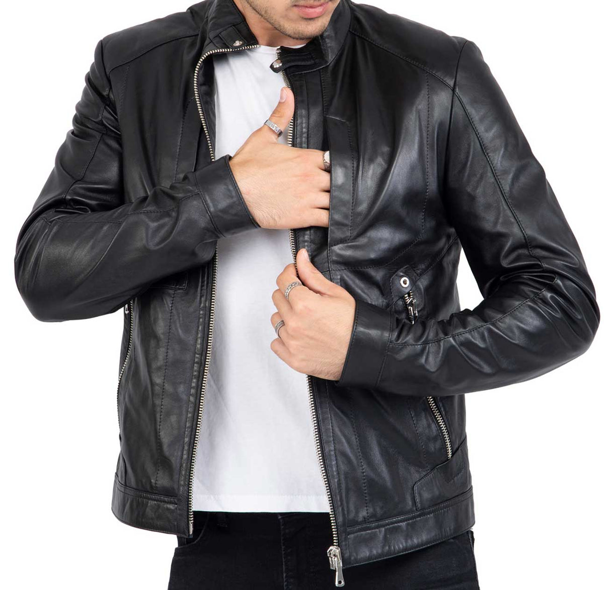 Chaqueta de motorista de piel de cordero para hombre con cuatro bolsillos, corte regular - B209