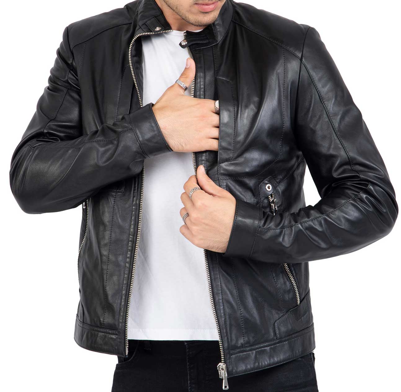 Chaqueta de motorista de piel de cordero para hombre con cuatro bolsillos, corte regular - B209