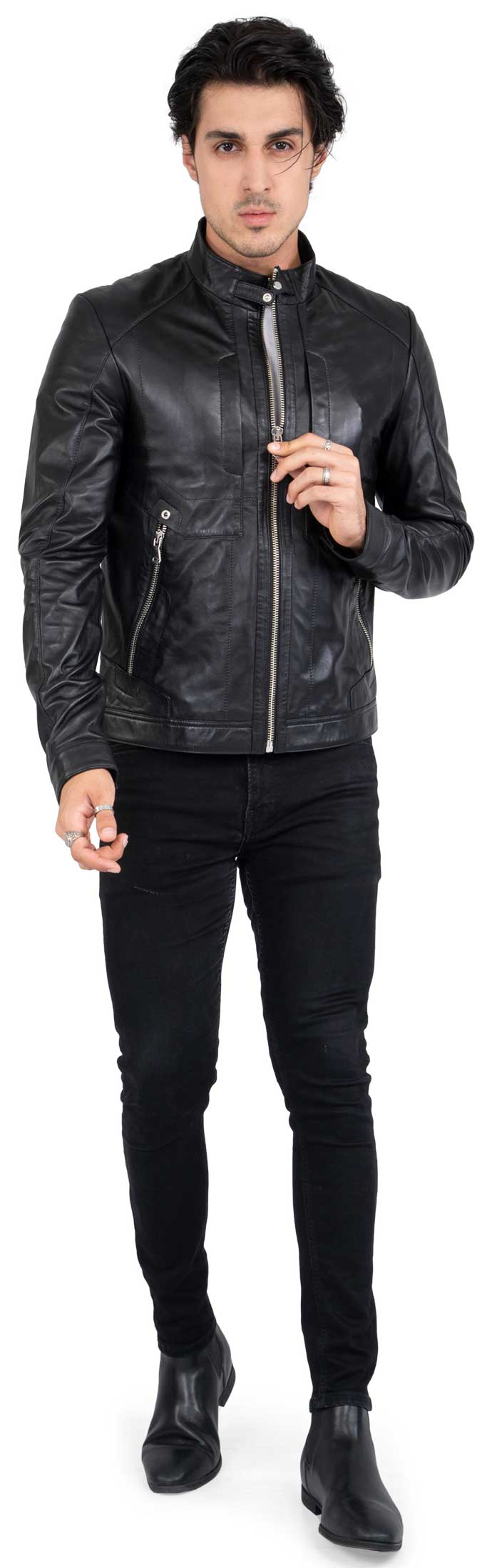 Chaqueta de motorista de piel de cordero para hombre con cuatro bolsillos, corte regular - B209