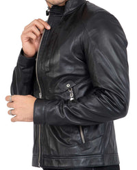Chaqueta de motorista de piel de cordero para hombre con cuatro bolsillos, corte regular - B209