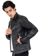 Chaqueta de motorista de piel de cordero para hombre con cuatro bolsillos, corte regular - B209