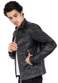 Chaqueta de motorista de piel de cordero para hombre con cuatro bolsillos, corte regular - B209