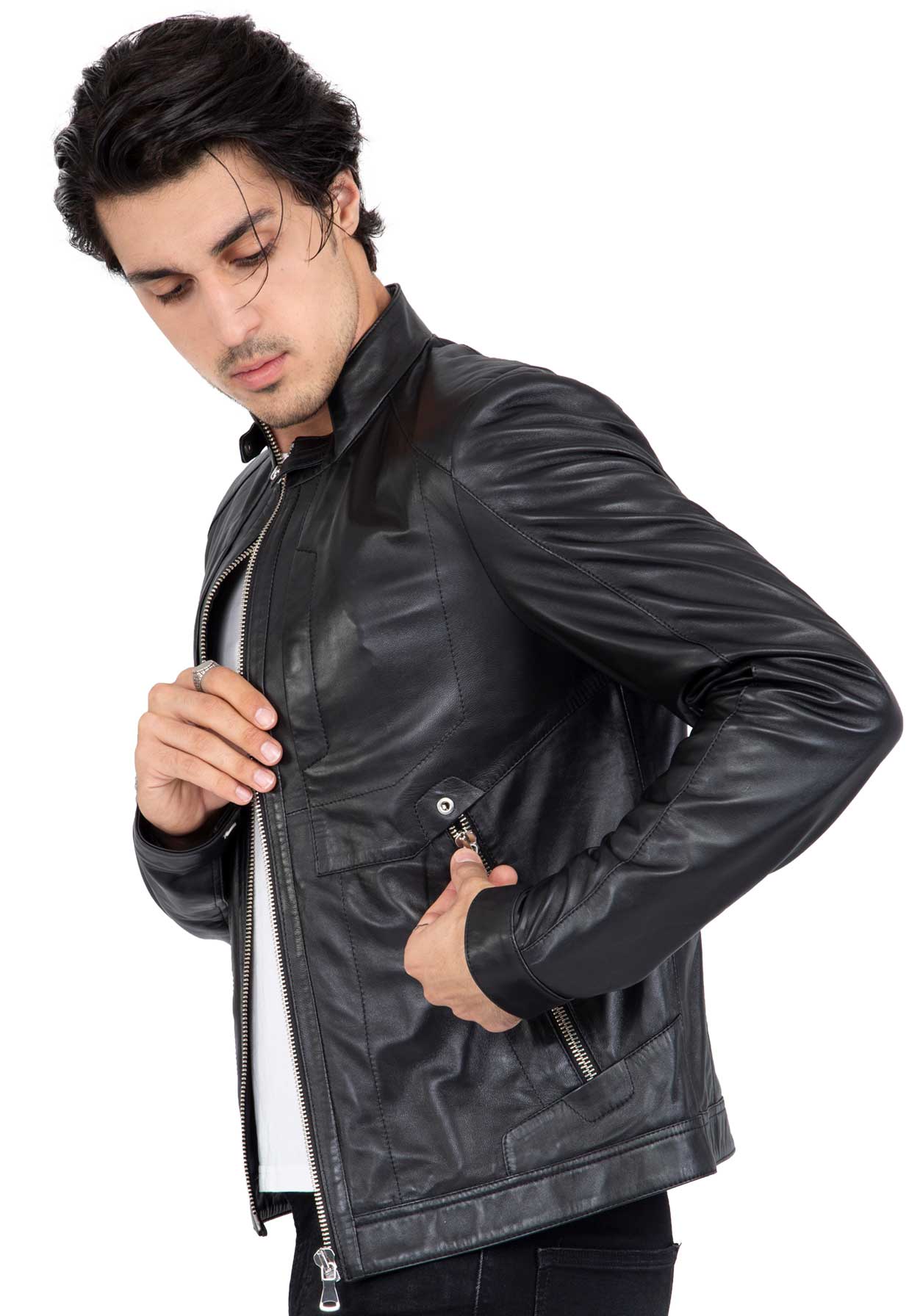 Chaqueta de motorista de piel de cordero para hombre con cuatro bolsillos, corte regular - B209