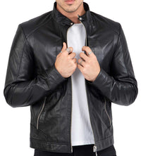 Chaqueta de motorista de piel de cordero para hombre con cuatro bolsillos, corte regular - B209