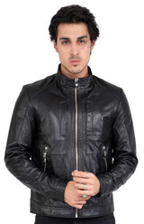 Chaqueta de motorista de piel de cordero para hombre con cuatro bolsillos, corte regular - B209