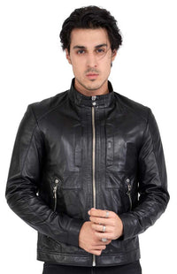 Chaqueta de motorista de piel de cordero para hombre con cuatro bolsillos, corte regular - B209