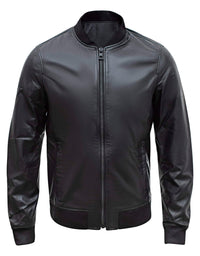 Chaqueta bomber negra de piel de cordero auténtica para hombre, corte regular - B203