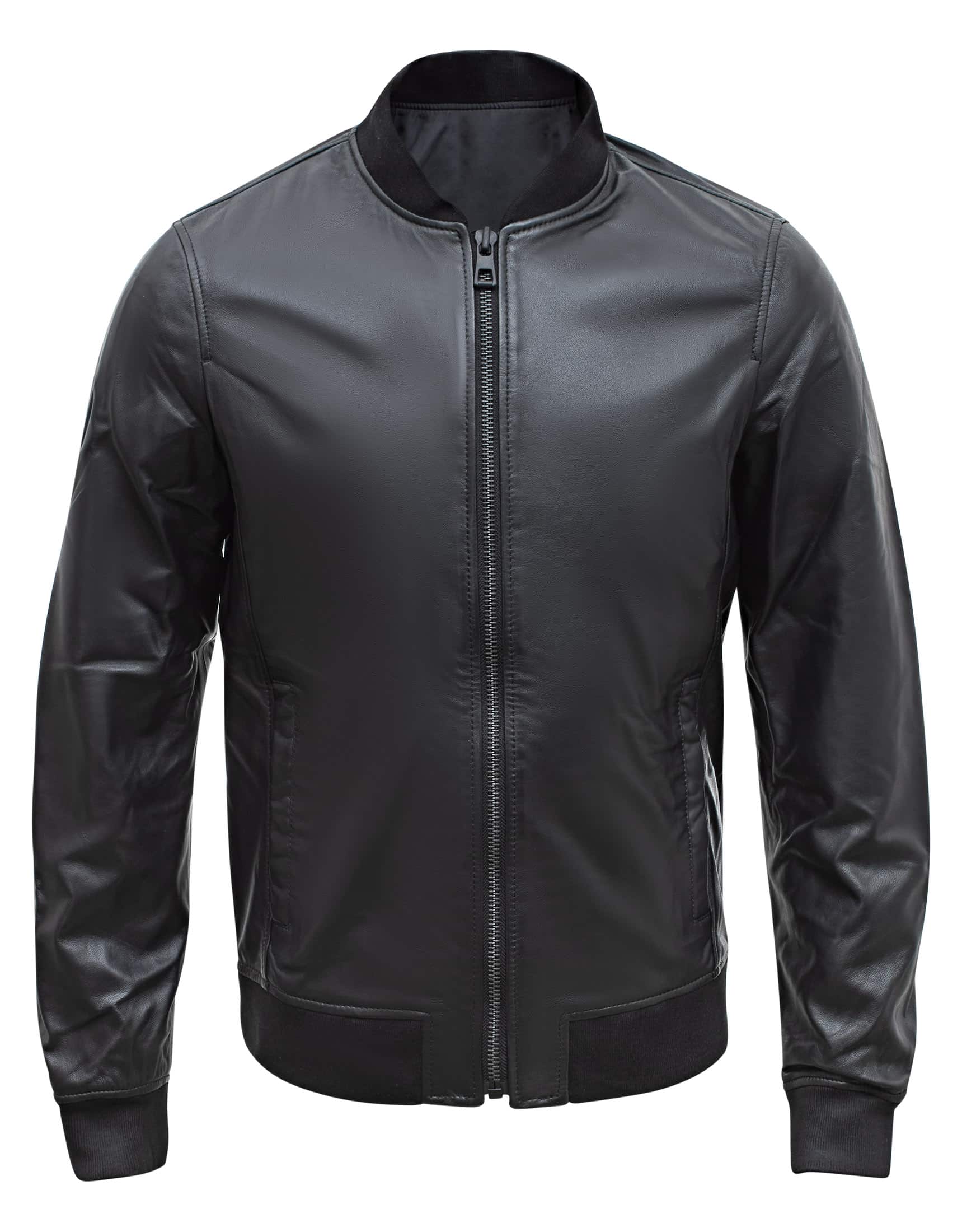 Chaqueta bomber negra de piel de cordero auténtica para hombre, corte regular - B203